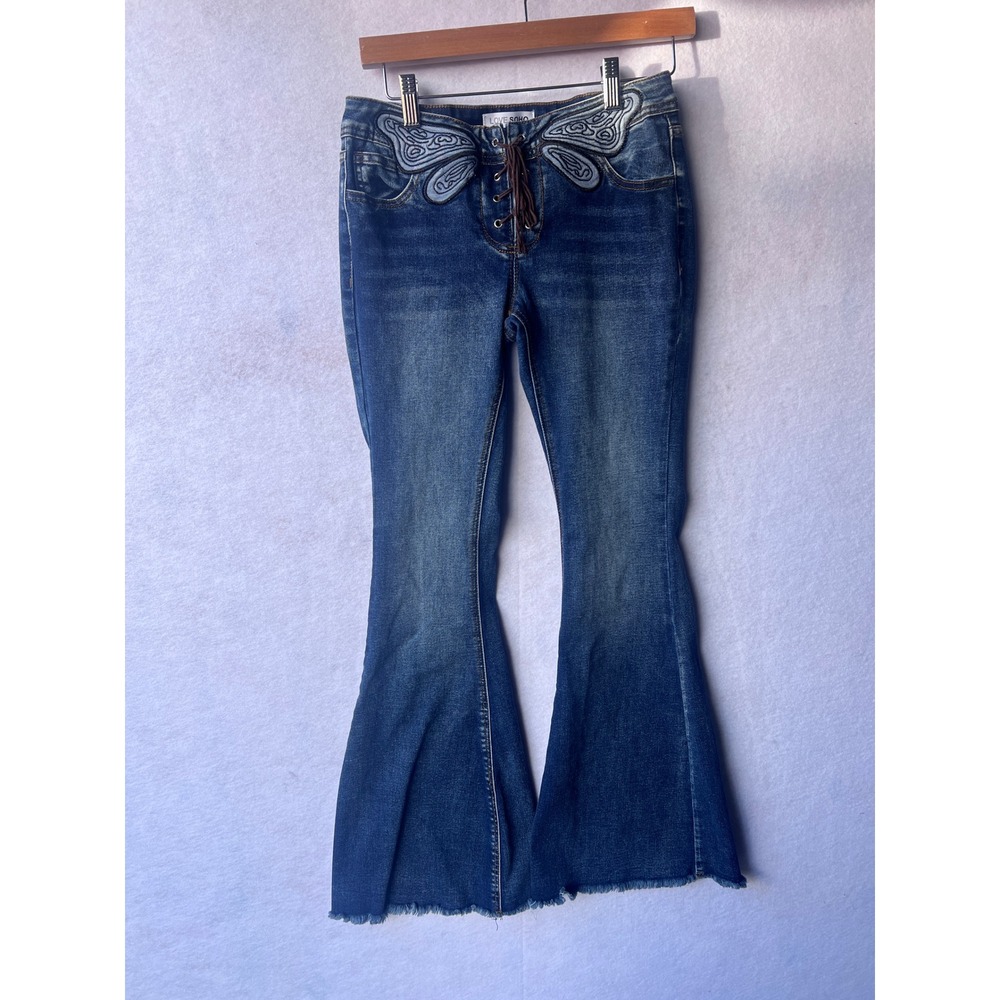 Y2K Butterfly Lace Up Flare Jeans Boho 2000s Fairy
